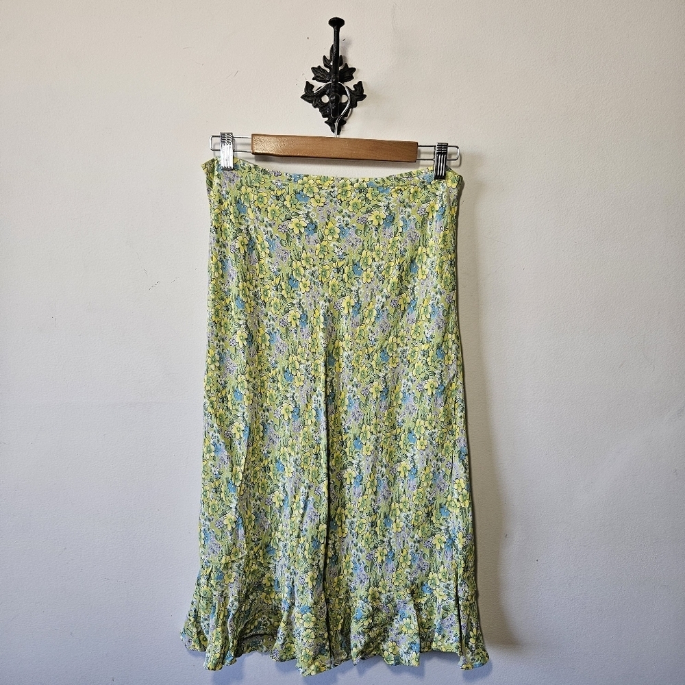 Vintage 90s Floral Ruffle Skirt Size S Karma Midi - Picture 2 of 6